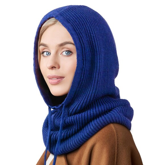 Wool Acrylic Knit Balaclava Hooded Scarf Hat Adjustable Drawstring Unisex Winter main image 7